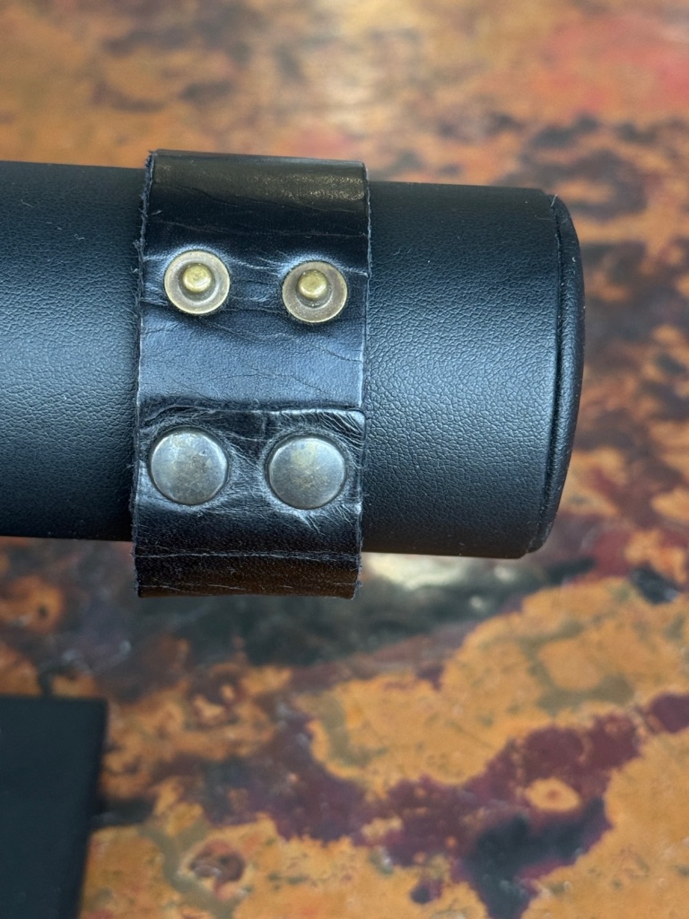Black Leather Cuff Bracelet with Crystal-Embellished Bronze Buckle 2 Snap Close - Picture 5 of 11